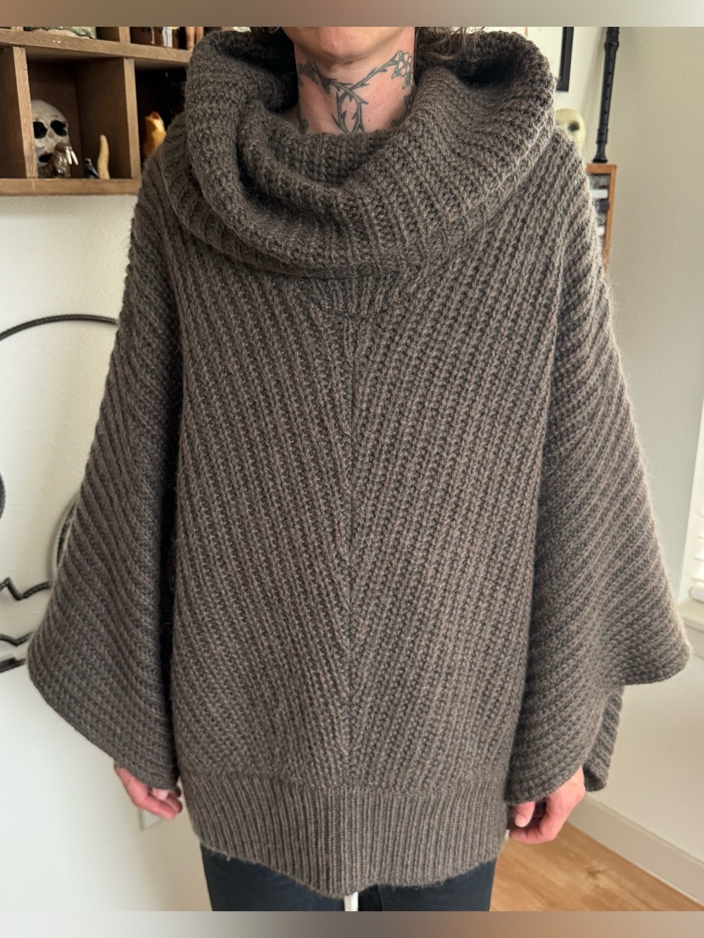 Vintage Y2K Cowl Neck Chunky Knit Mohair Poncho Sweater Taupe ~ Size XL